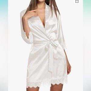 White Satin Bridal Robe with Lace Sleeves & Trim